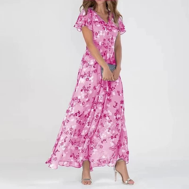 Vestido Largo Estampado de Mujer con Escote en V y Forro Interior Corto