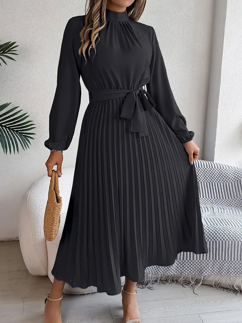 Vestido Largo Plisado de Manga Larga con Cuello Alto y Cinturón para Mujer