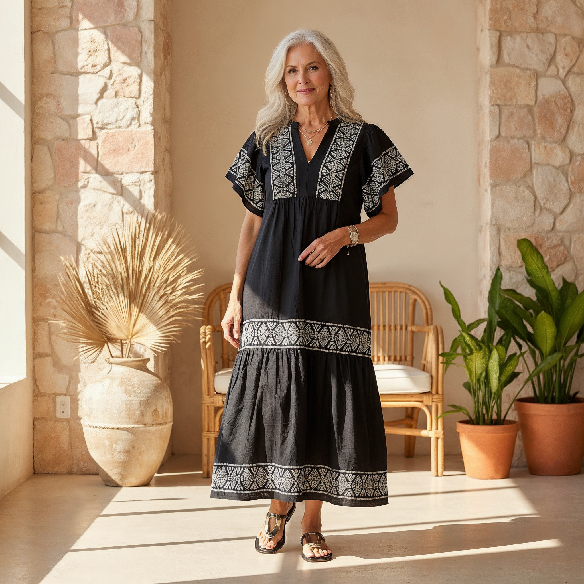 Vestido Longo Boho com Bordados e Decote em V para Mulher