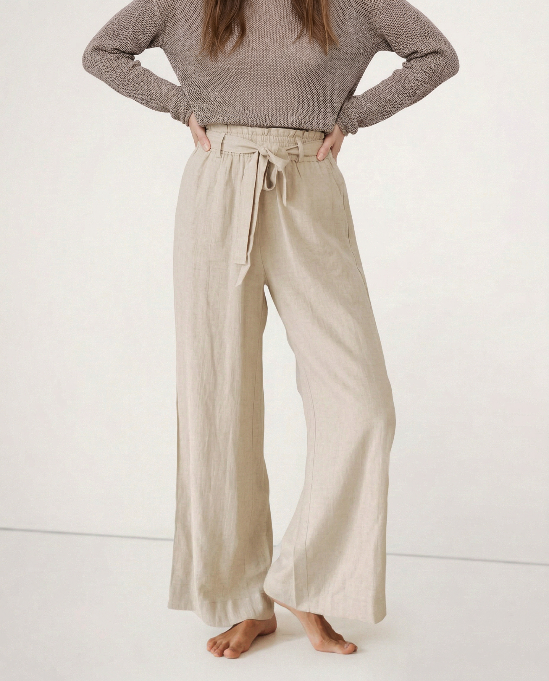 Pantalones de Lino para Mujer de Pierna Ancha con Cintura Elástica y Lazo