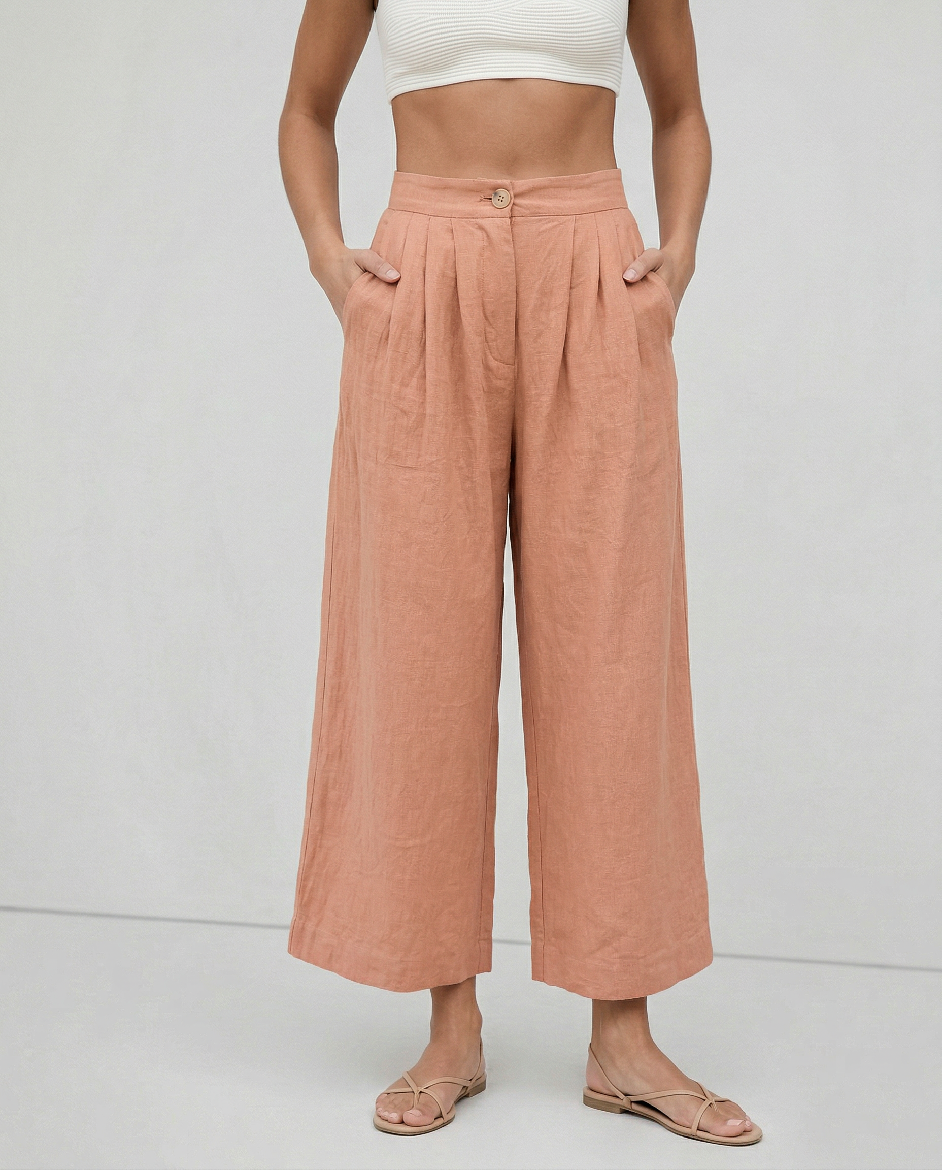 Culottes de Lino para Mujer con Talle Alto y Pliegues Frontales