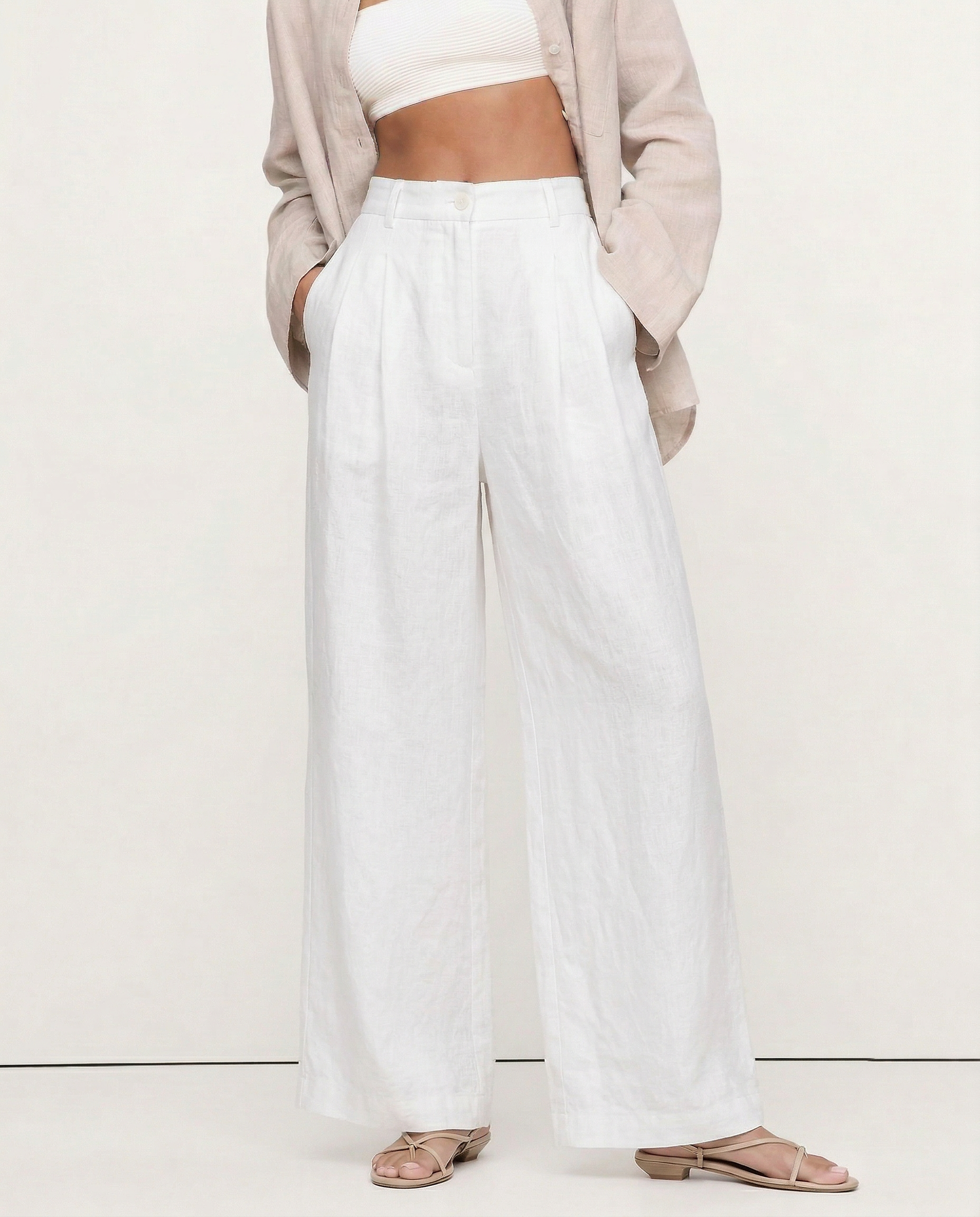 Pantalones de Lino de Pierna Ancha con Cintura Alta y Elástica para Mujer