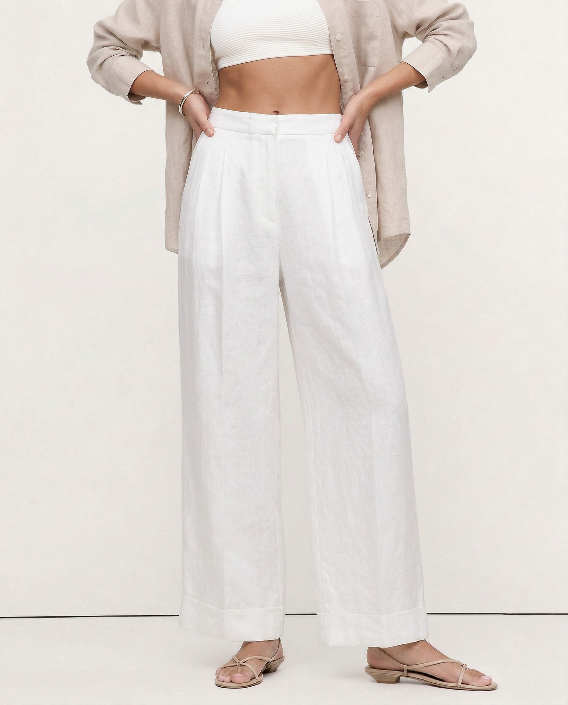 Pantalones de Lino de Pierna Ancha con Cintura Alta y Elástica para Mujer