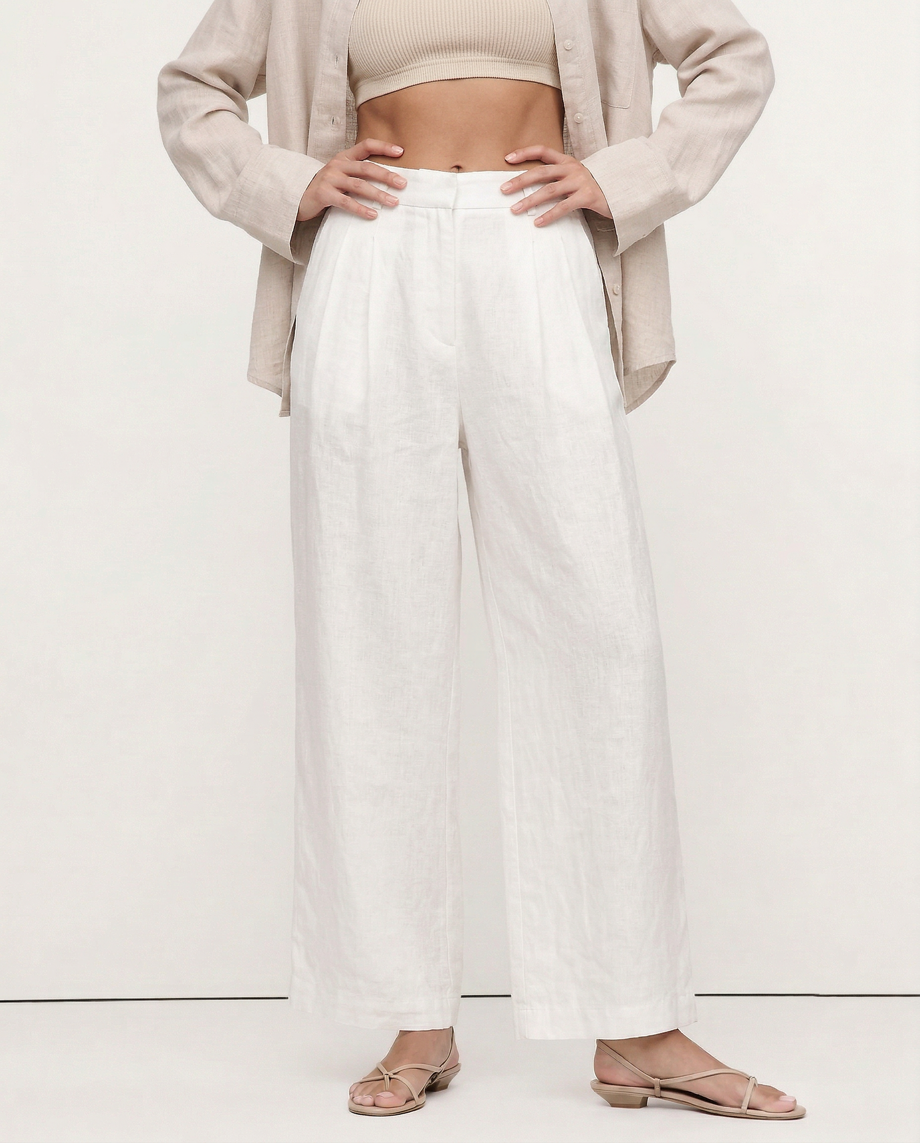 Pantalones de Lino de Pierna Ancha con Cintura Alta y Elástica para Mujer