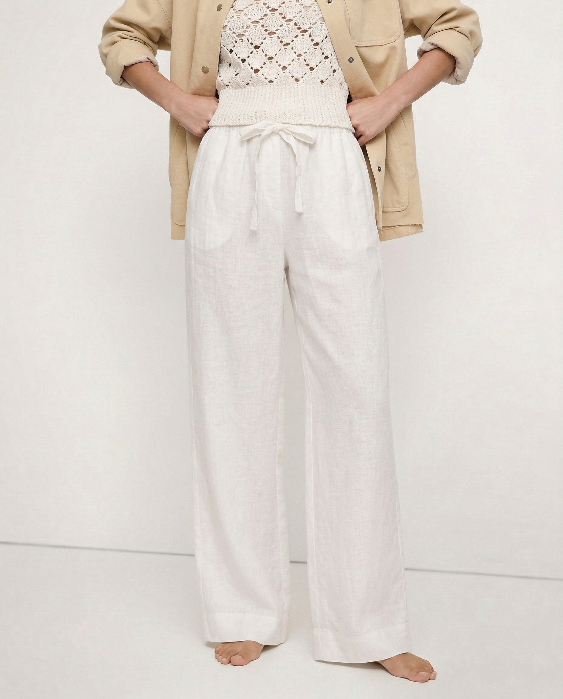 Pantalones de Lino para Mujer de Pierna Ancha con Cintura Elástica y Lazo