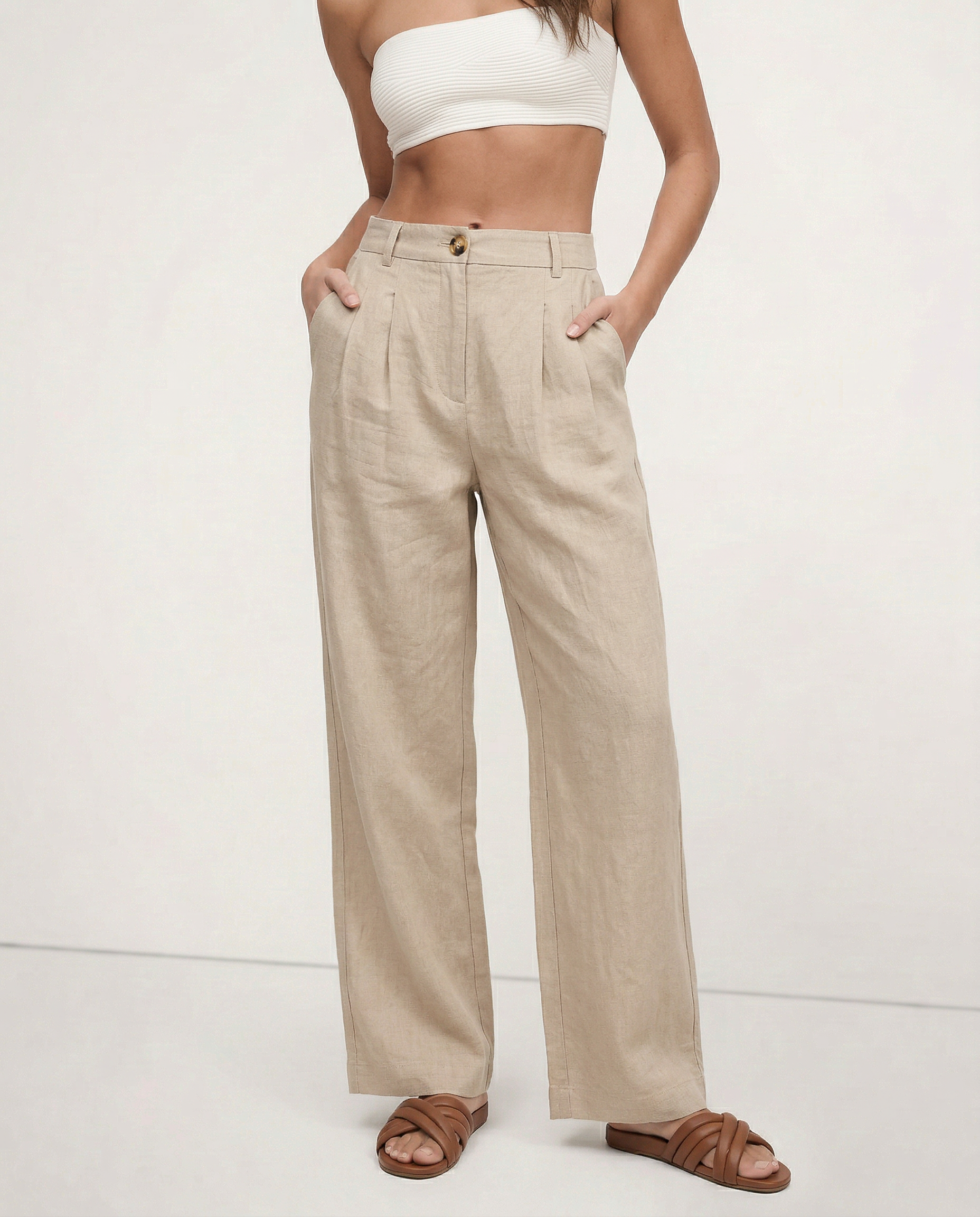 Culottes de Lino para Mujer con Talle Alto y Pliegues Frontales