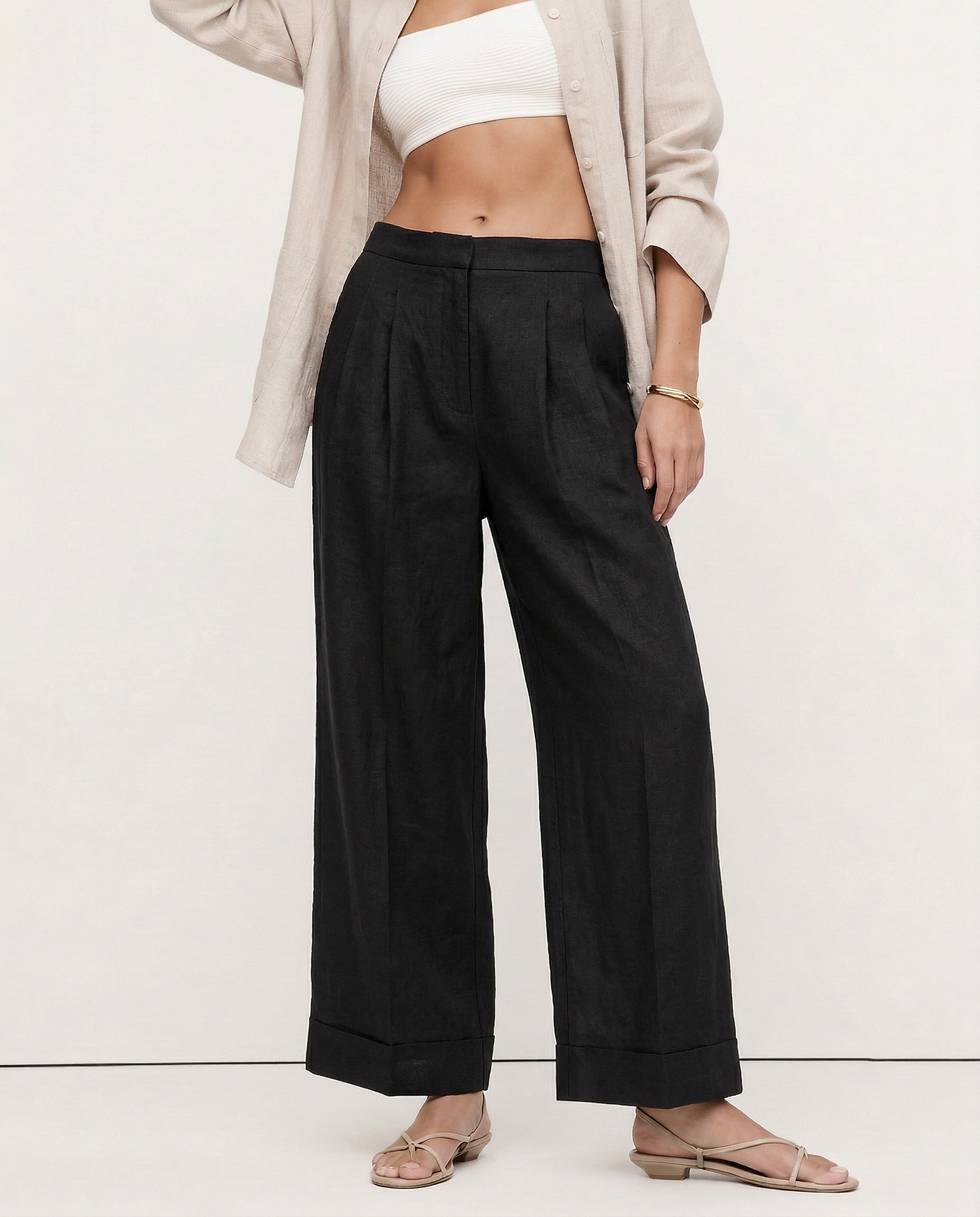 Pantalones de Lino de Pierna Ancha con Cintura Alta y Elástica para Mujer
