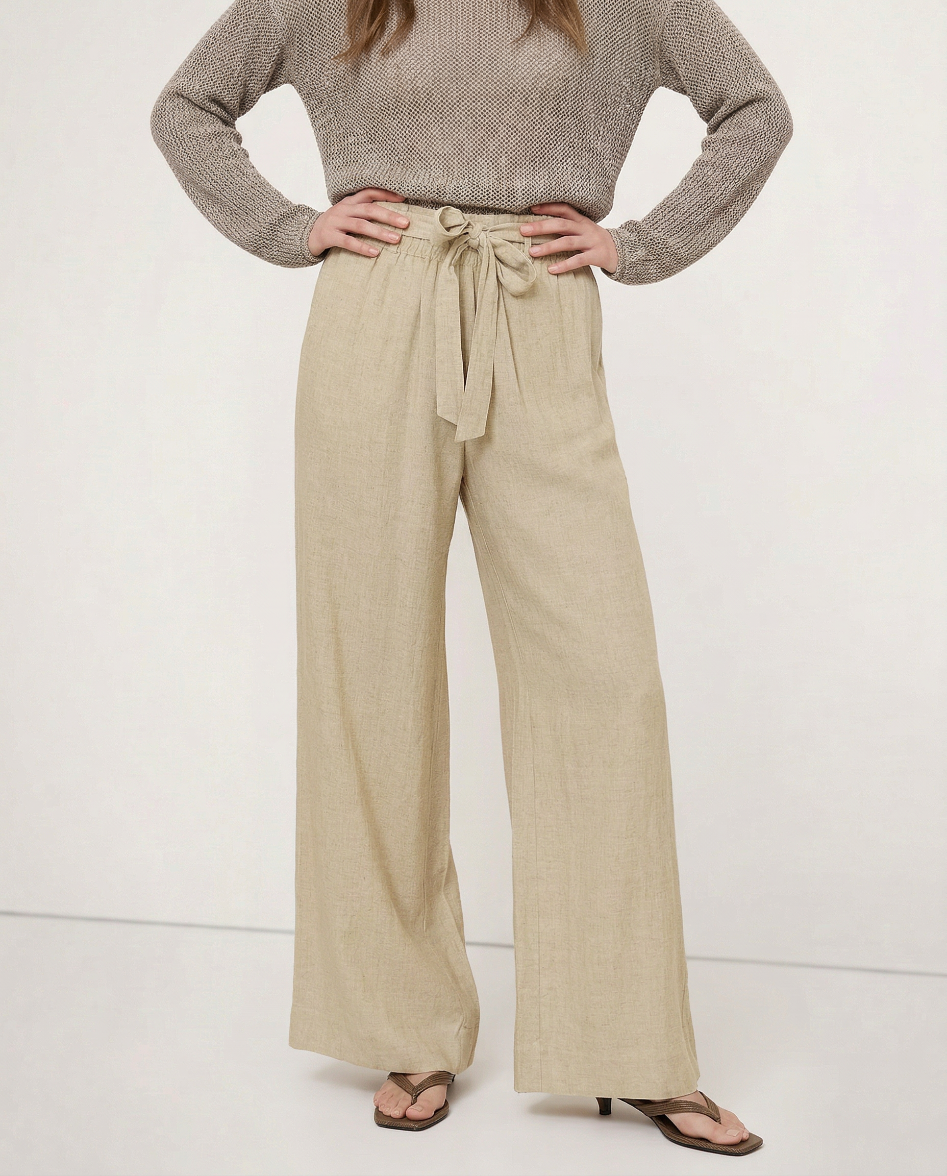 Pantalones de Lino para Mujer de Pierna Ancha con Cintura Elástica y Lazo