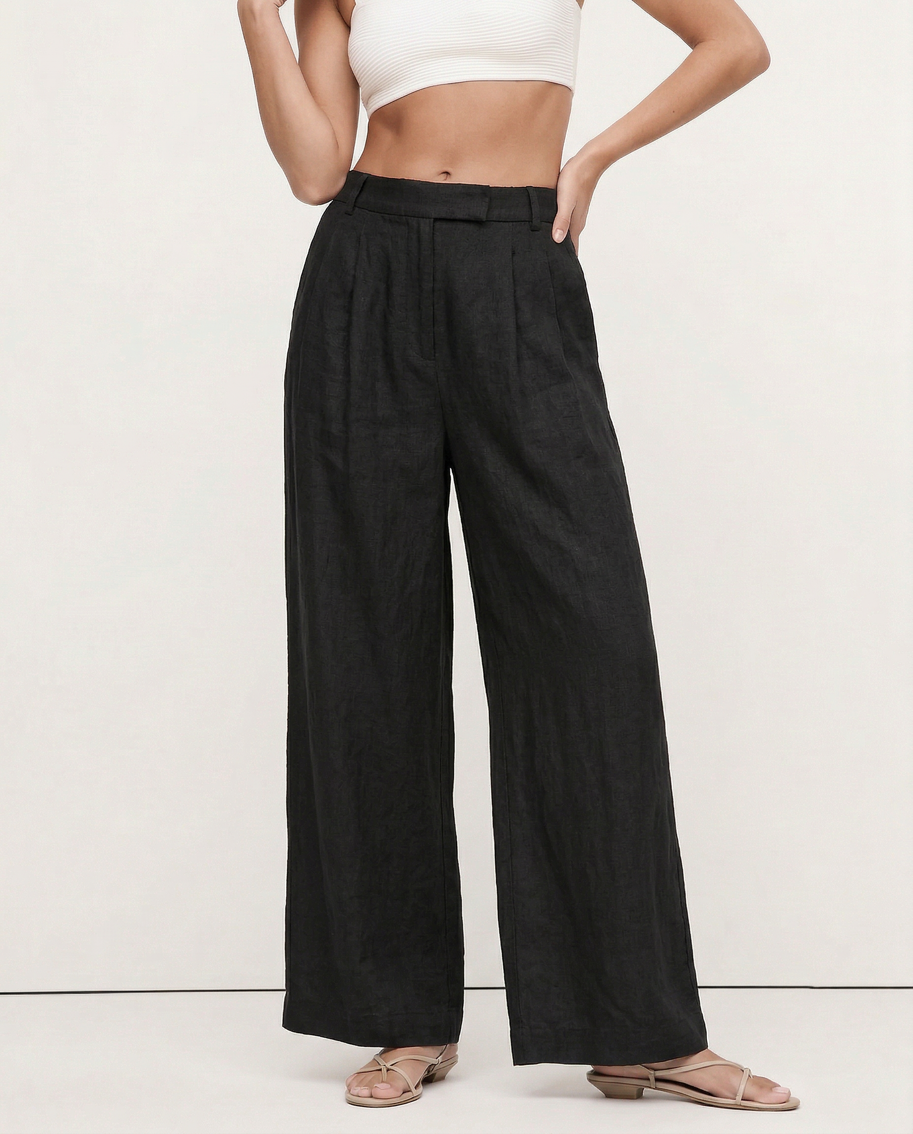 Pantalones de Lino de Pierna Ancha con Cintura Alta y Elástica para Mujer