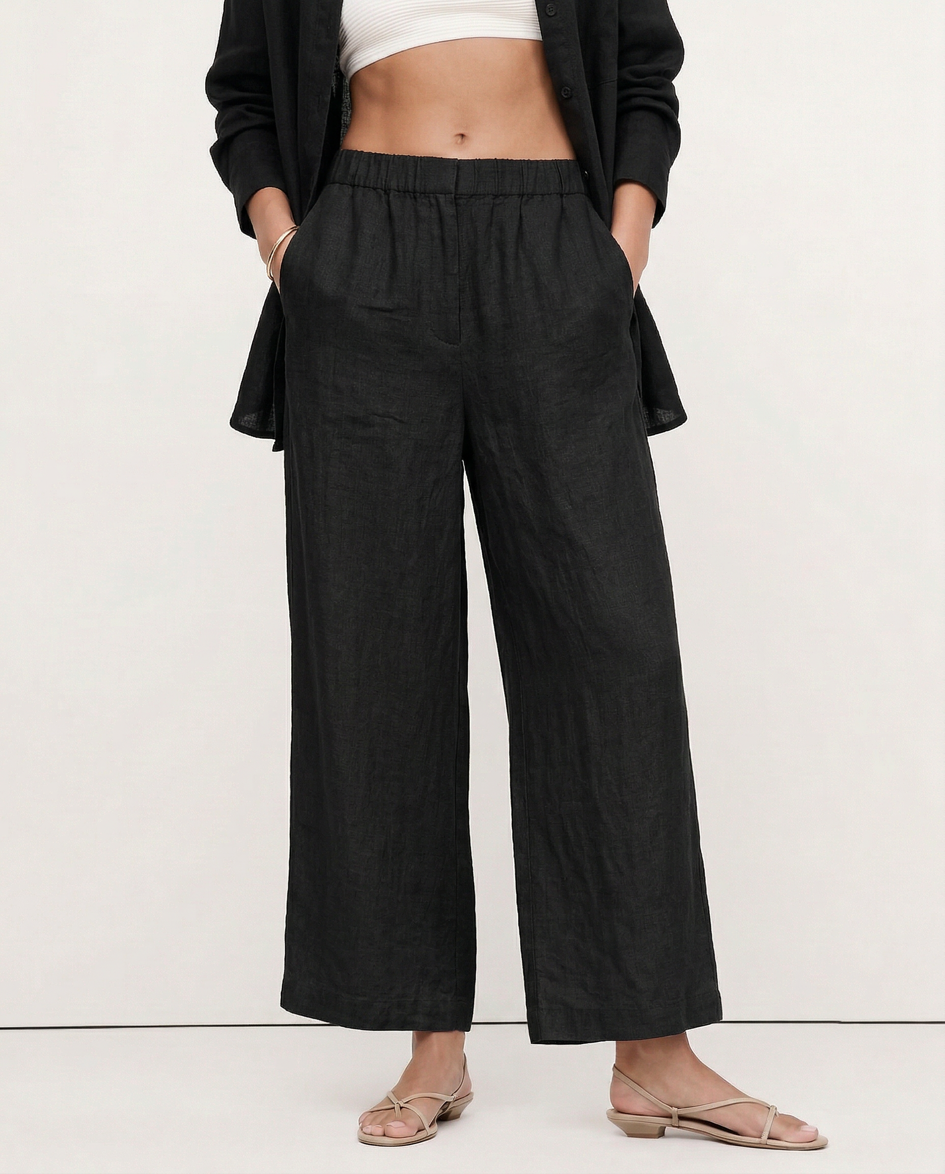 Pantalones de Lino de Pierna Ancha con Cintura Alta y Elástica para Mujer