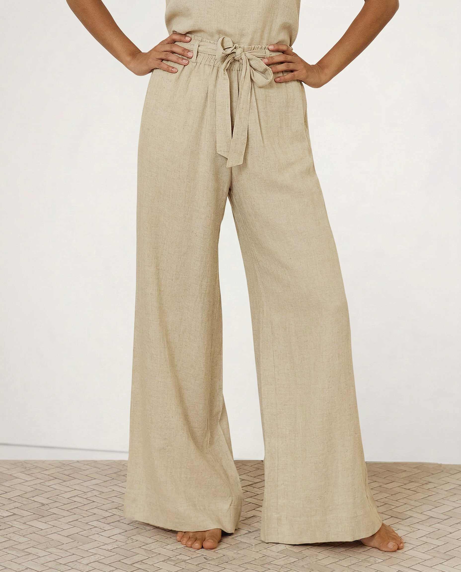 Pantalones de Lino para Mujer de Pierna Ancha con Cintura Elástica y Lazo