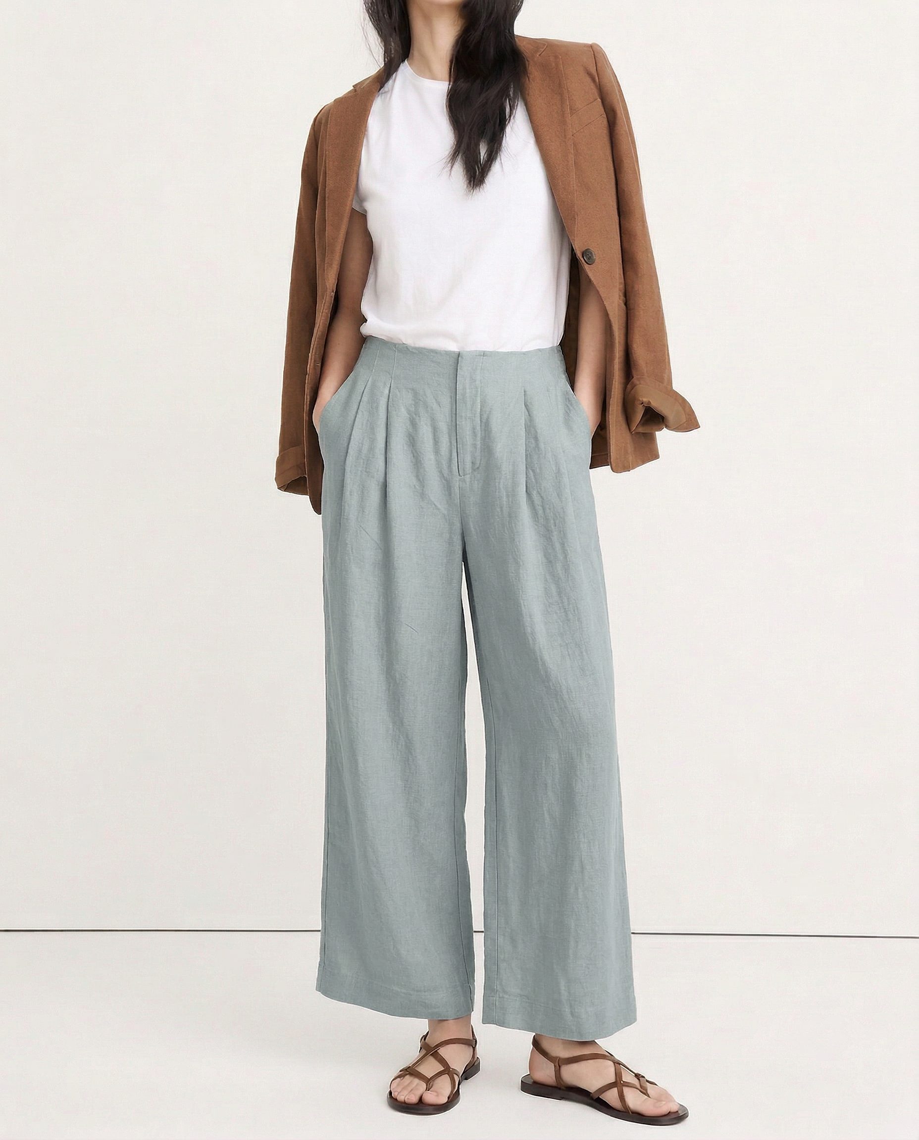 Pantalones de Lino de Pierna Ancha con Cintura Alta y Elástica para Mujer