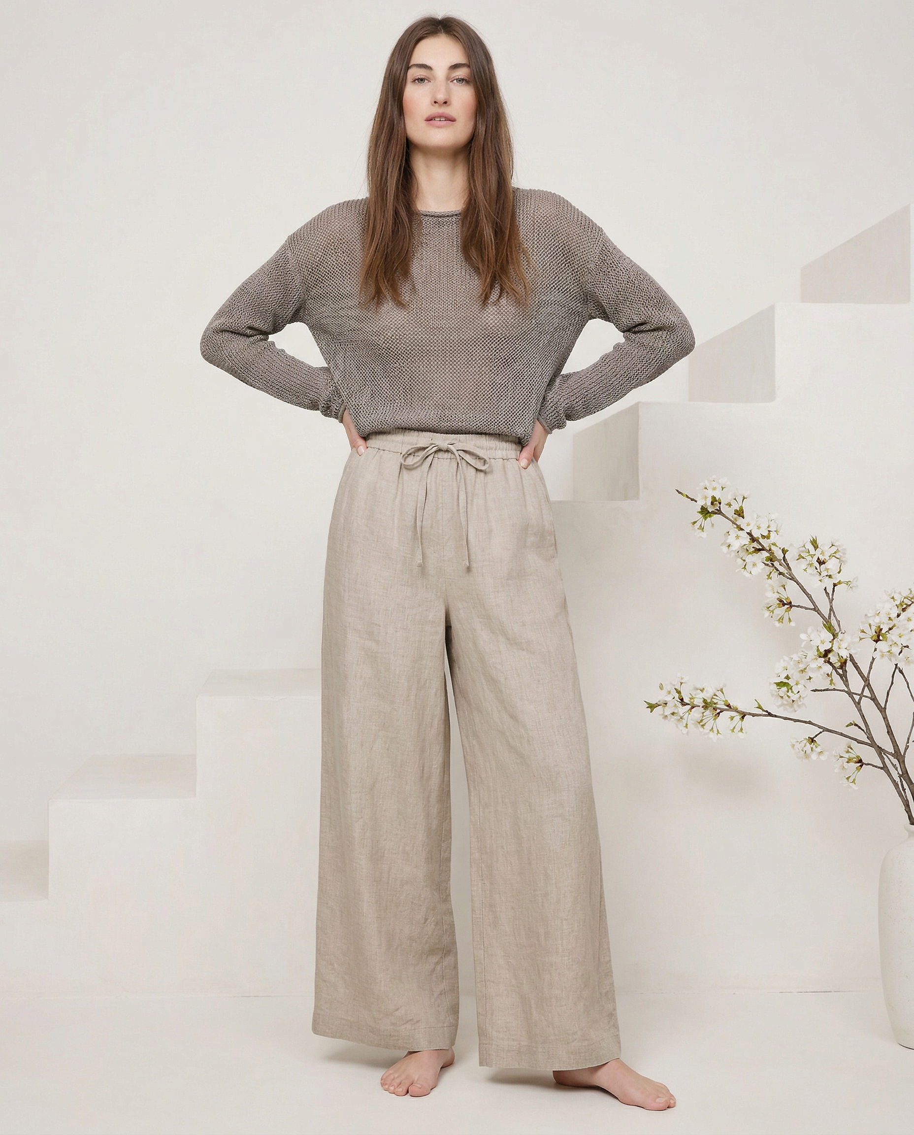 Pantalones de Lino para Mujer de Pierna Ancha con Cintura Elástica y Lazo