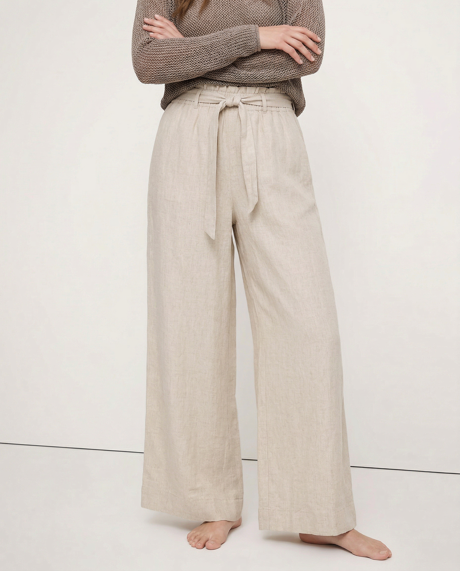 Pantalones de Lino para Mujer de Pierna Ancha con Cintura Elástica y Lazo