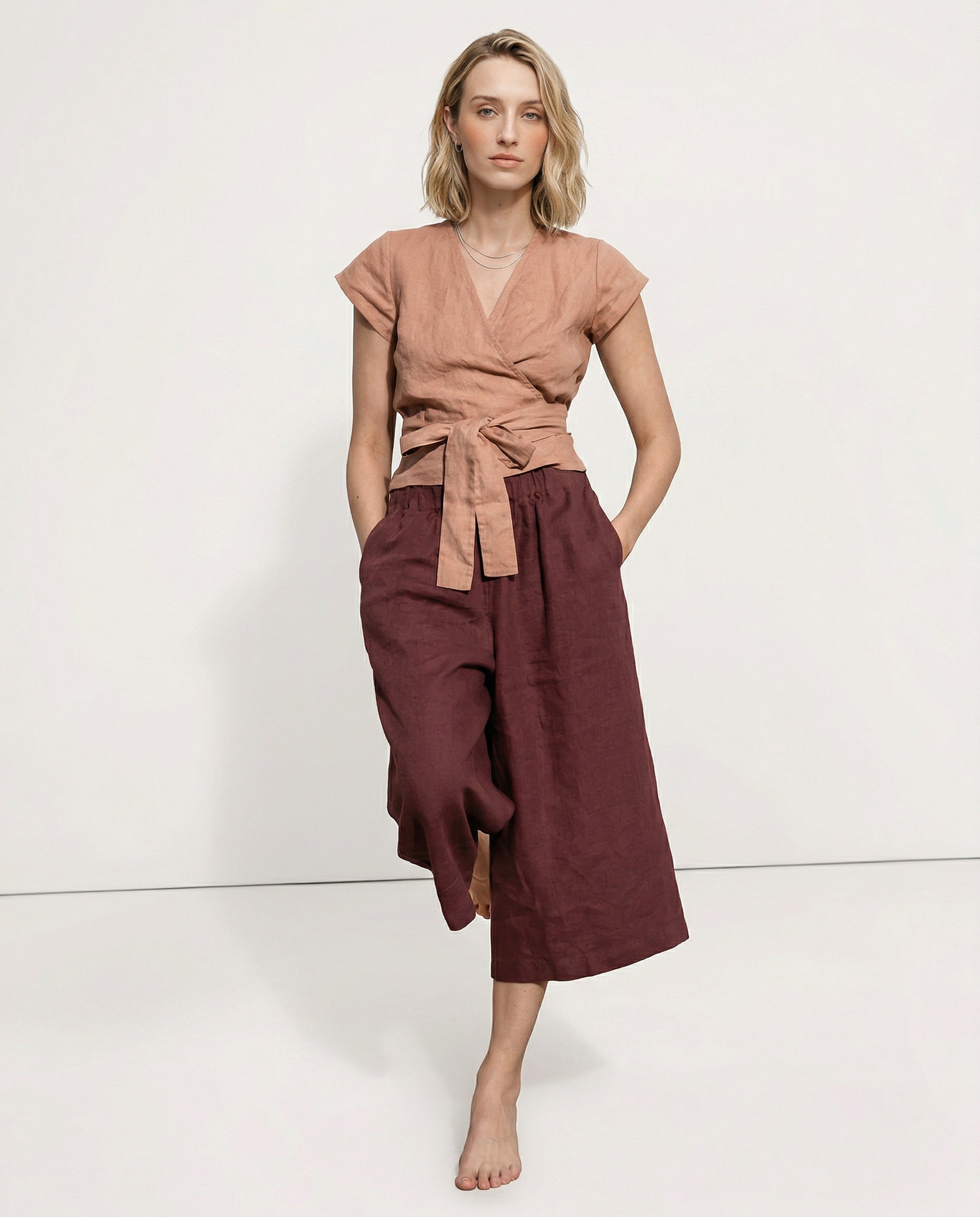 Pantalones de Lino para Mujer de Pierna Ancha con Cintura Elástica y Corte al Tobillo