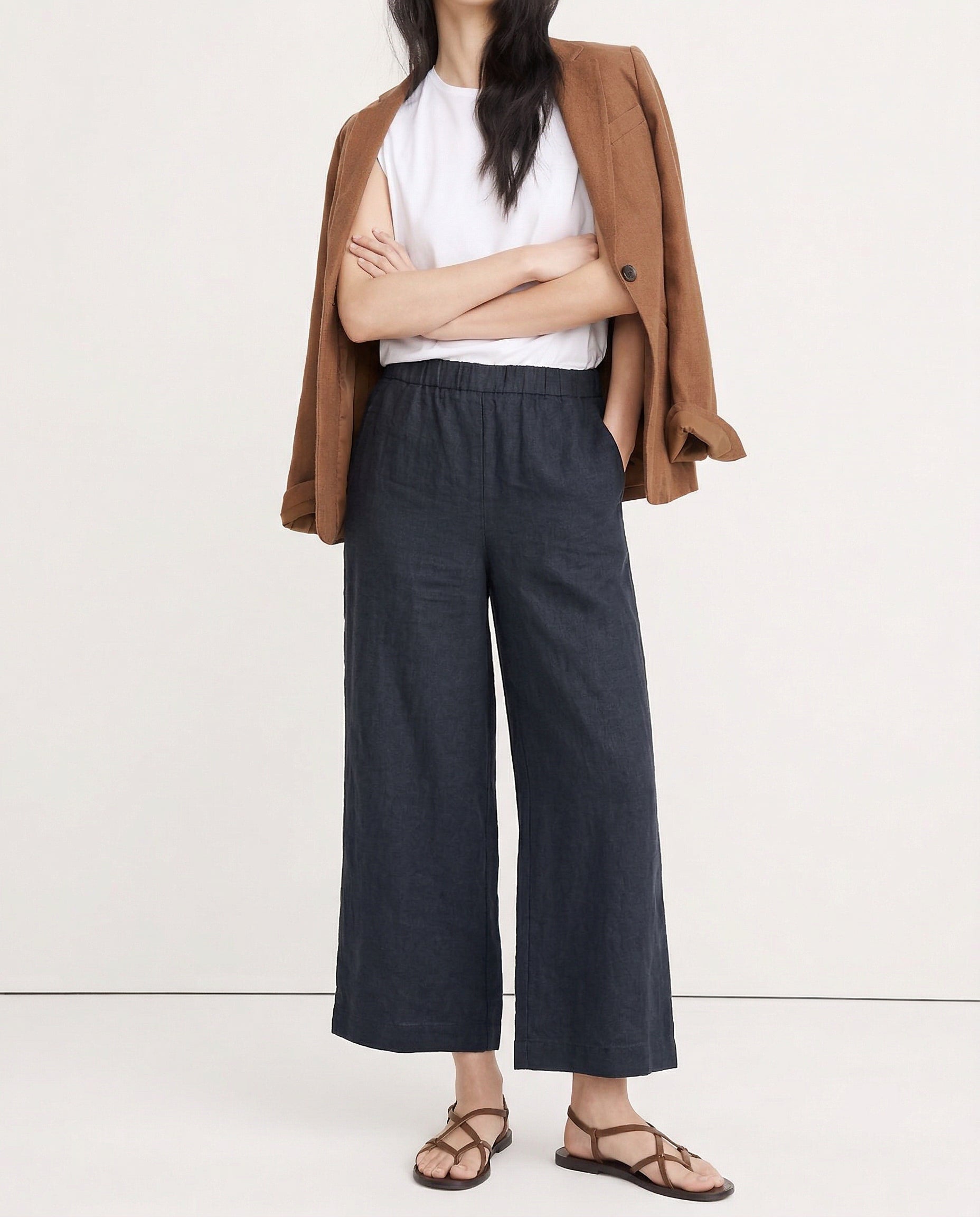 Pantalones de Lino para Mujer de Pierna Ancha con Cintura Elástica y Corte al Tobillo