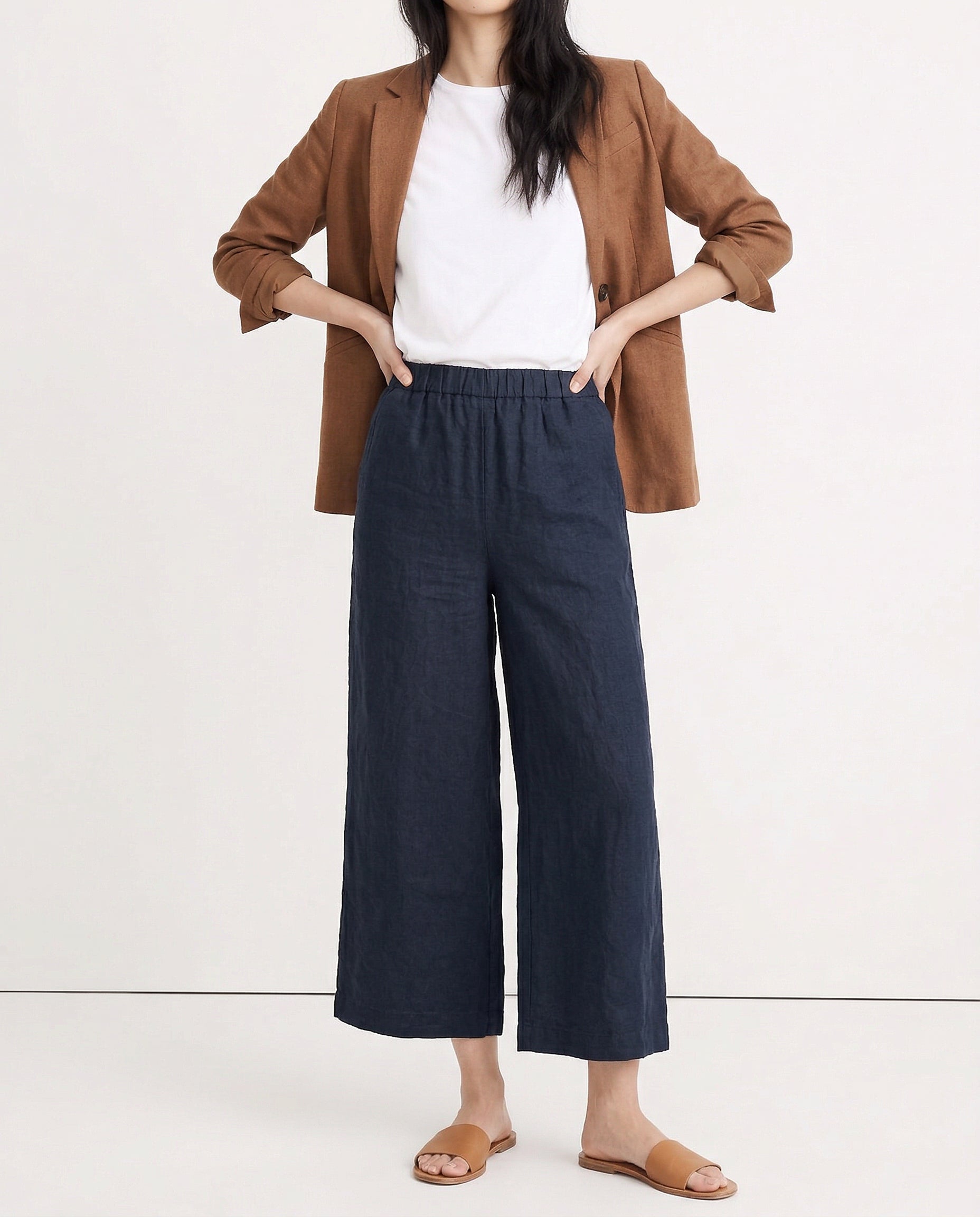 Pantalon en lin pour femme à jambe large avec taille élastique et coupe à la cheville