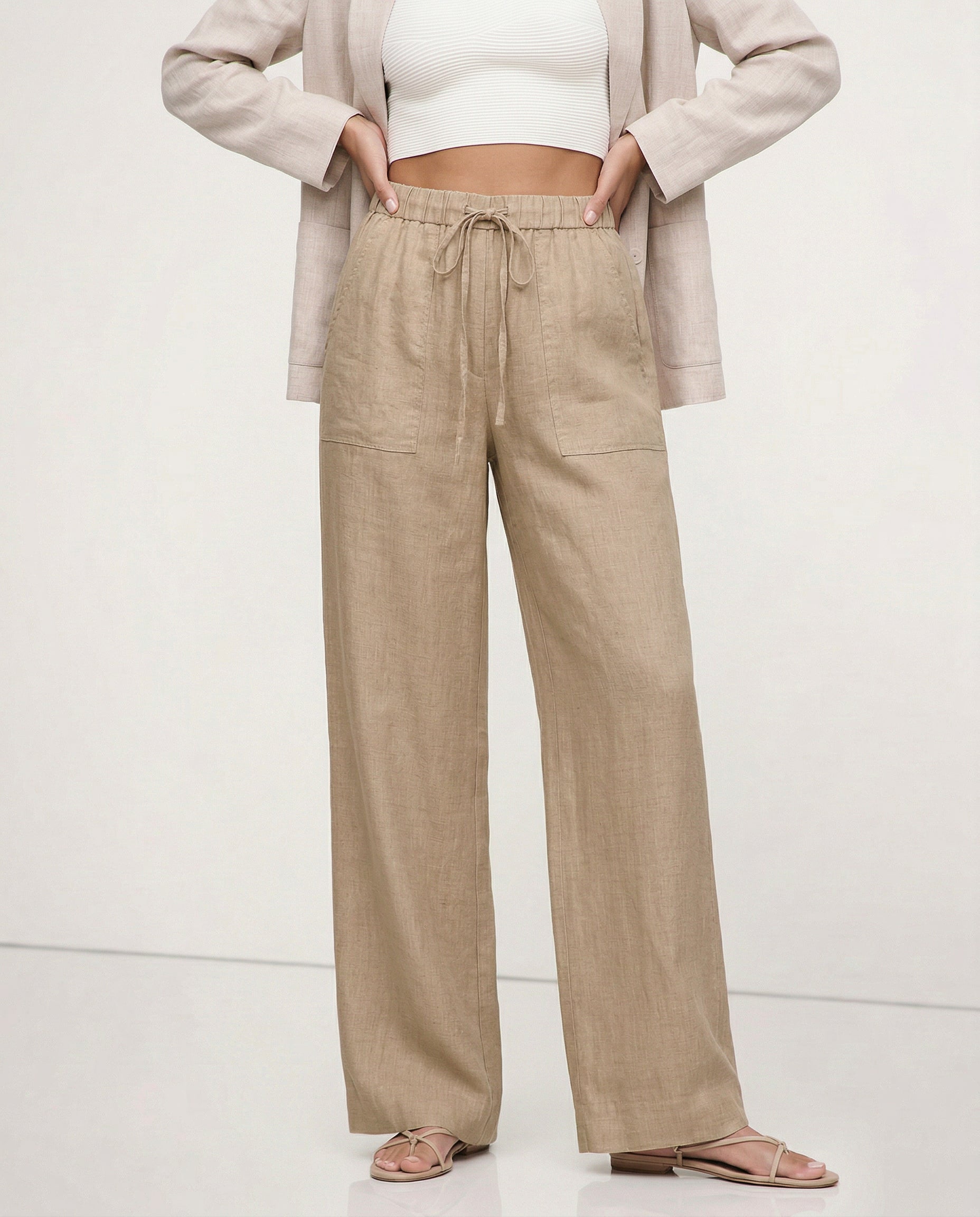 Pantalones de Lino para Mujer con Cordón Ajustable y Bolsillos de Parche
