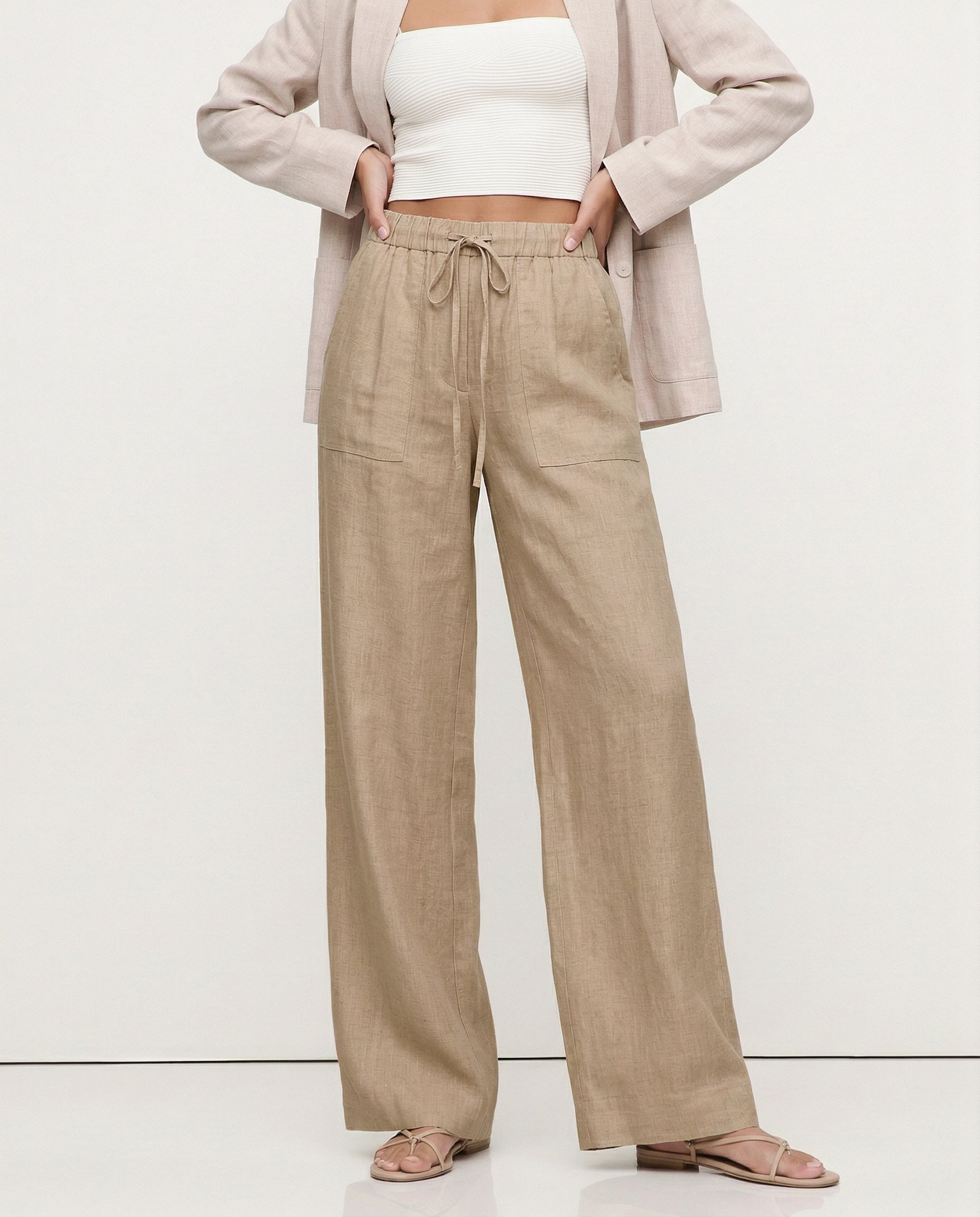 Pantalones de Lino para Mujer con Cordón Ajustable y Bolsillos de Parche