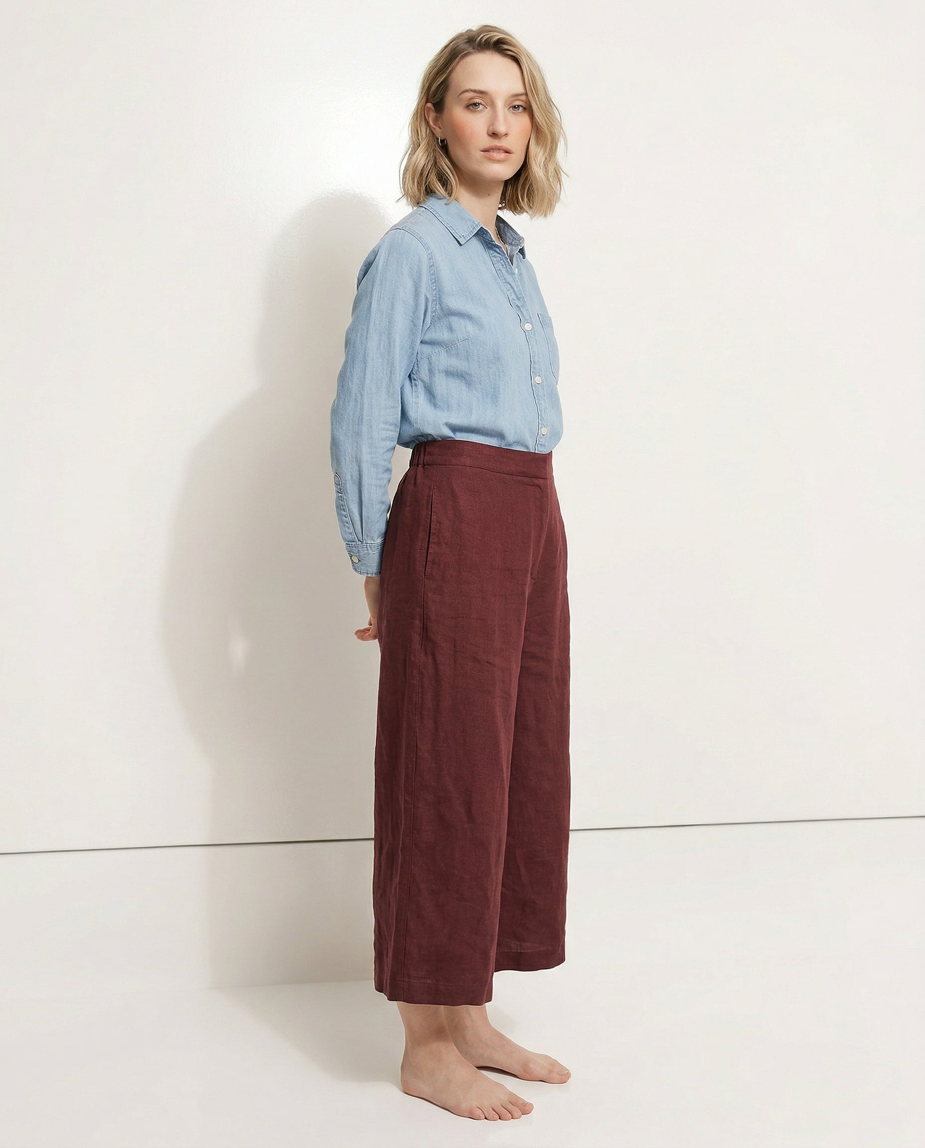 Pantalon en lin pour femme à jambe large avec taille élastique et coupe à la cheville