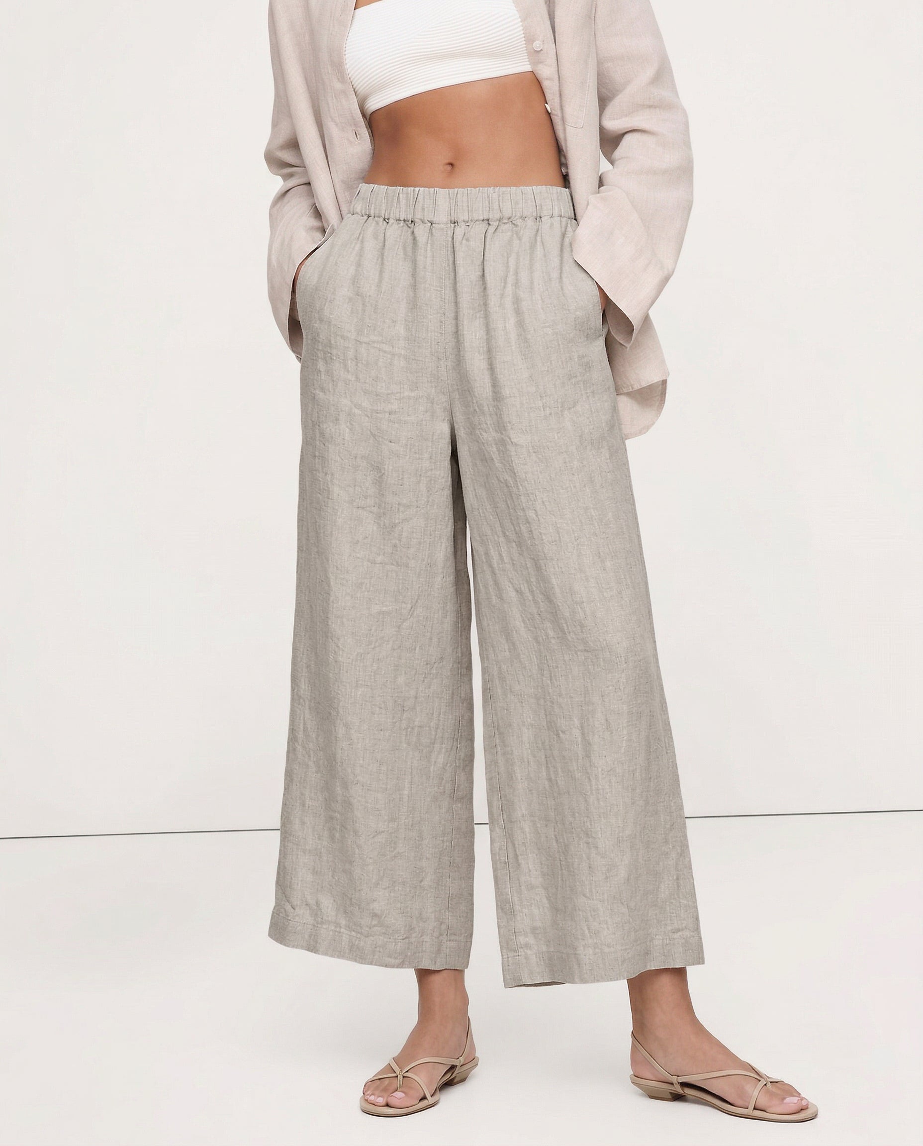 Pantalon en lin pour femme à jambe large avec taille élastique et coupe à la cheville