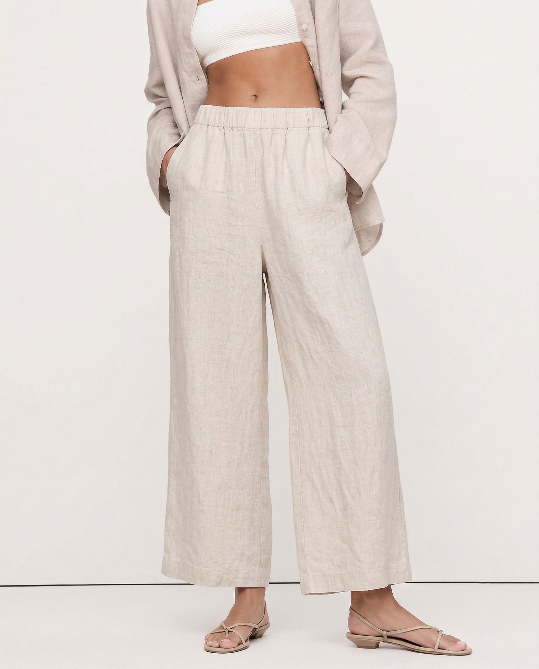 Pantalon en lin pour femme à jambe large avec taille élastique et coupe à la cheville