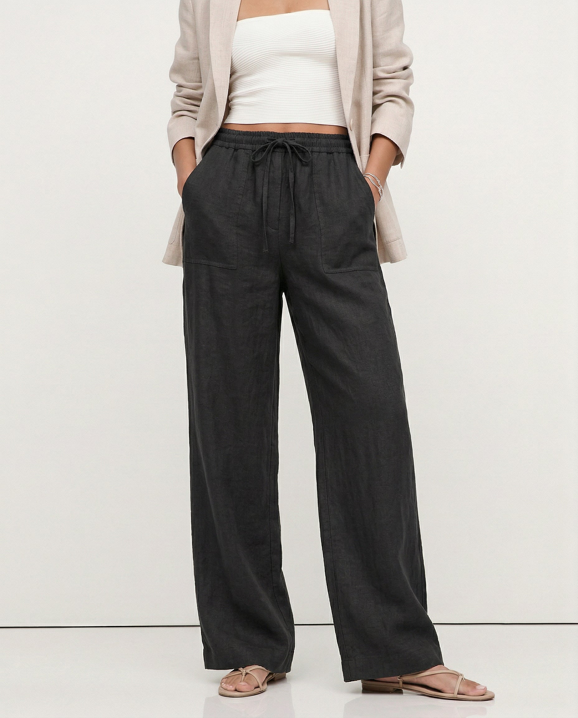 Pantalones de Lino para Mujer con Cordón Ajustable y Bolsillos de Parche