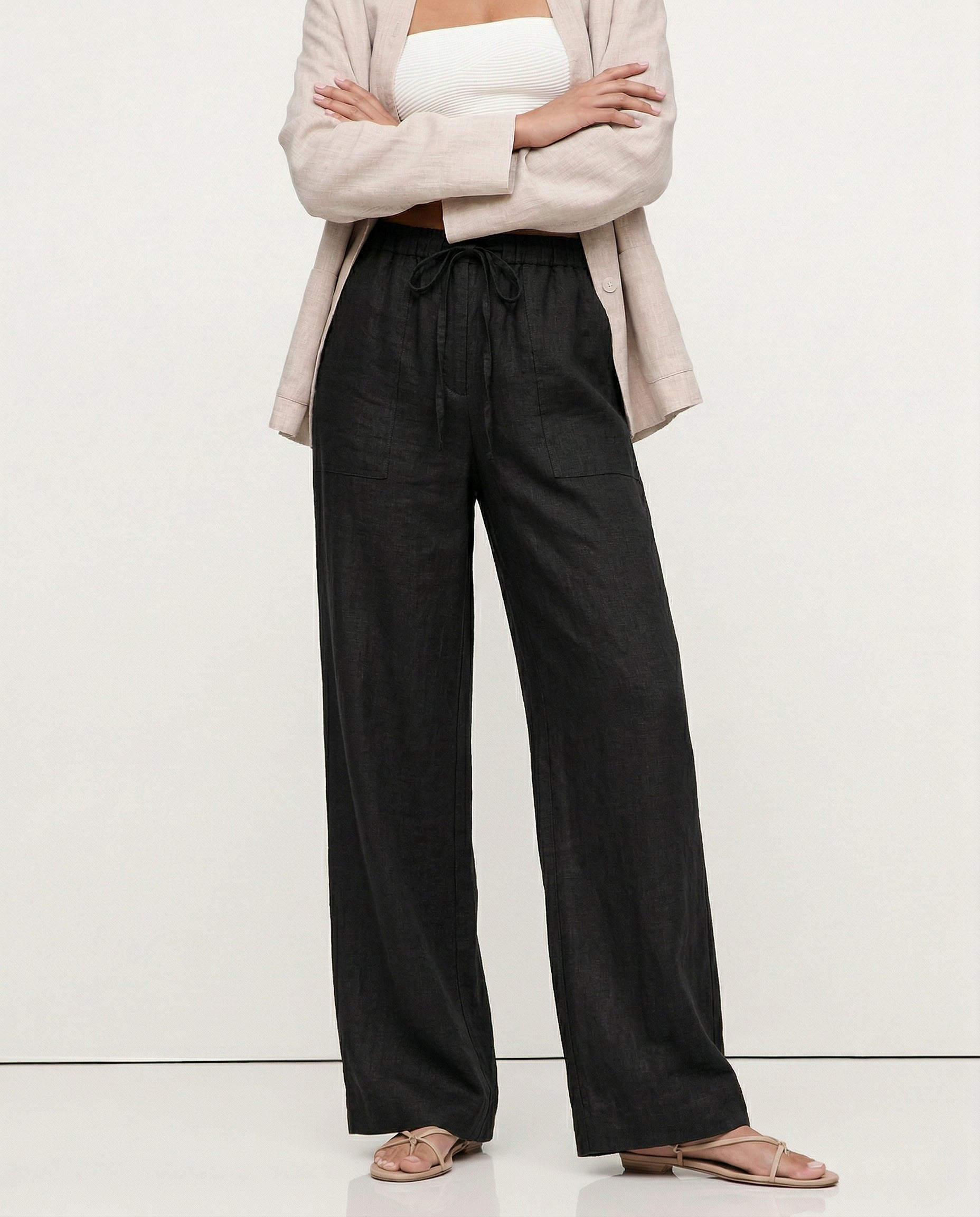 Pantalones de Lino para Mujer con Cordón Ajustable y Bolsillos de Parche