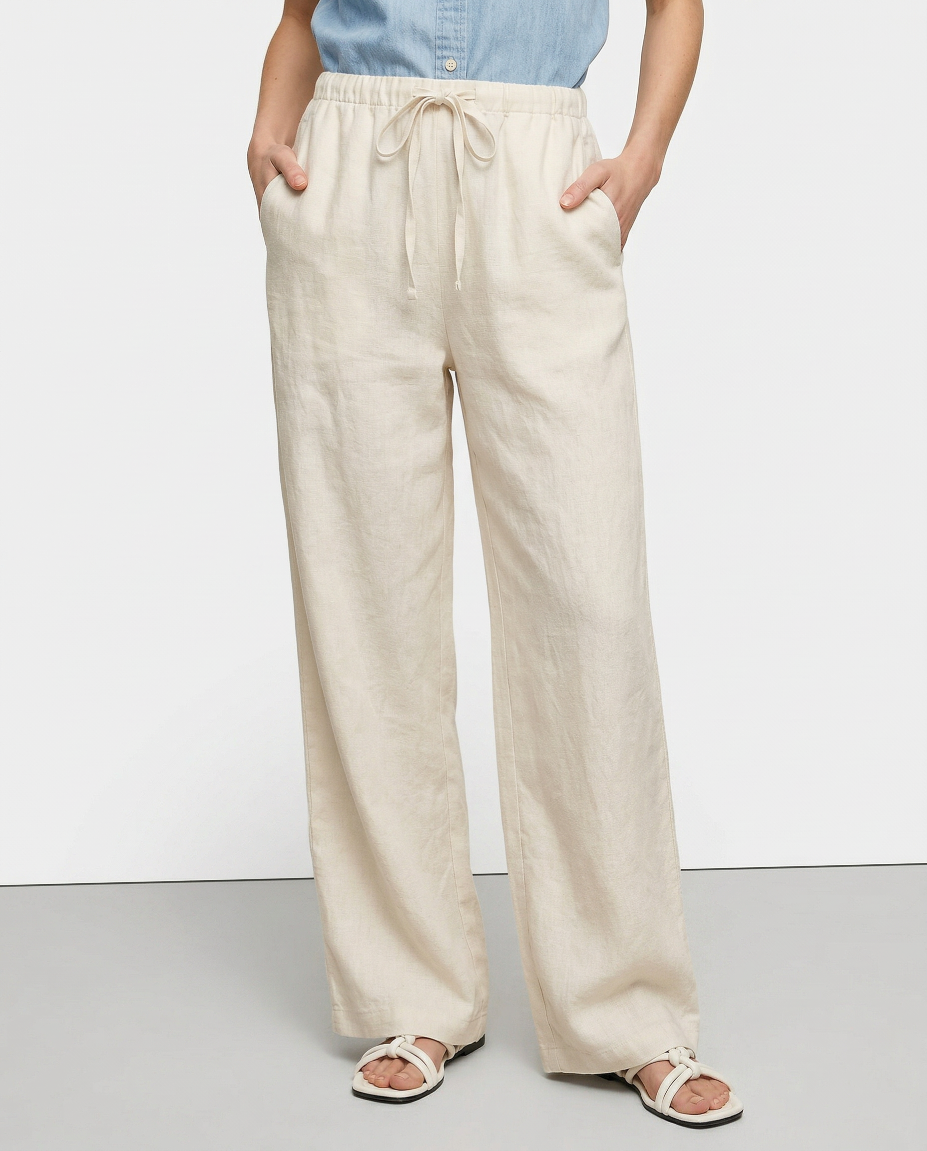 Pantalones de Playa para Mujer de Pierna Ancha en Mezcla de Lino y Algodón