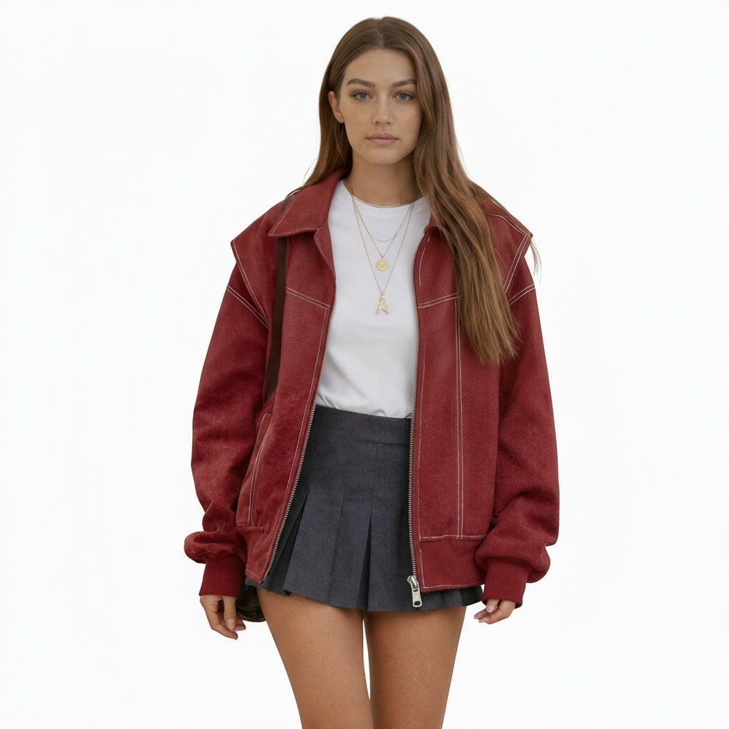 Cazadora Bomber Oversize de Cuero Sintético con Costuras en Contraste