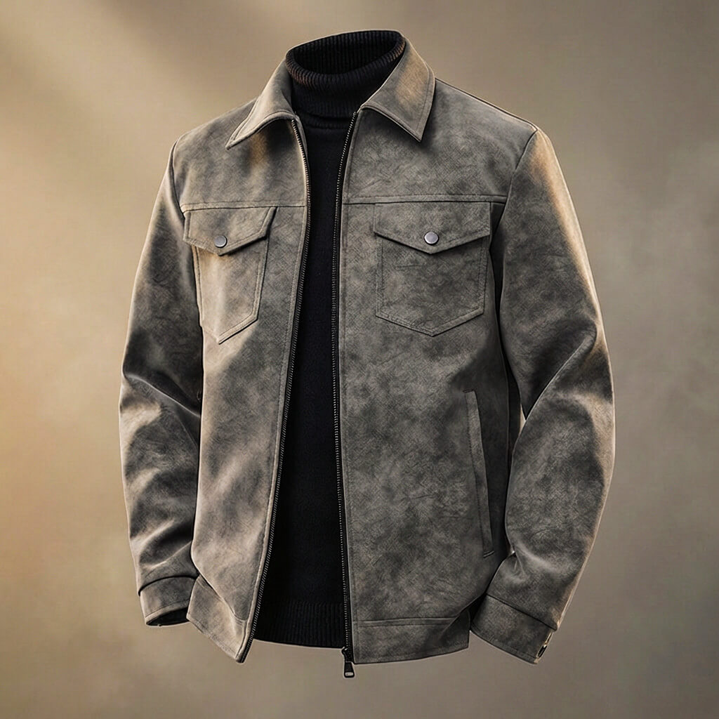 Giacca in pelle da uomo con silhouette retrò e design con varie tasche