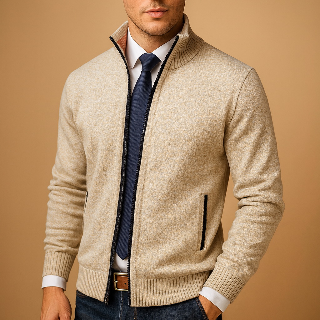 Chaqueta de punto para hombre con forro polar cremallera y cuello alto