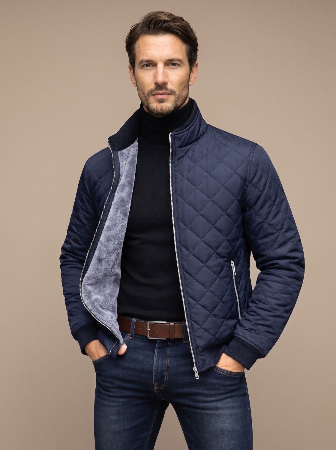 Chaqueta Acolchada de Hombre con Forro Suave y Cuello Alto Estructurado