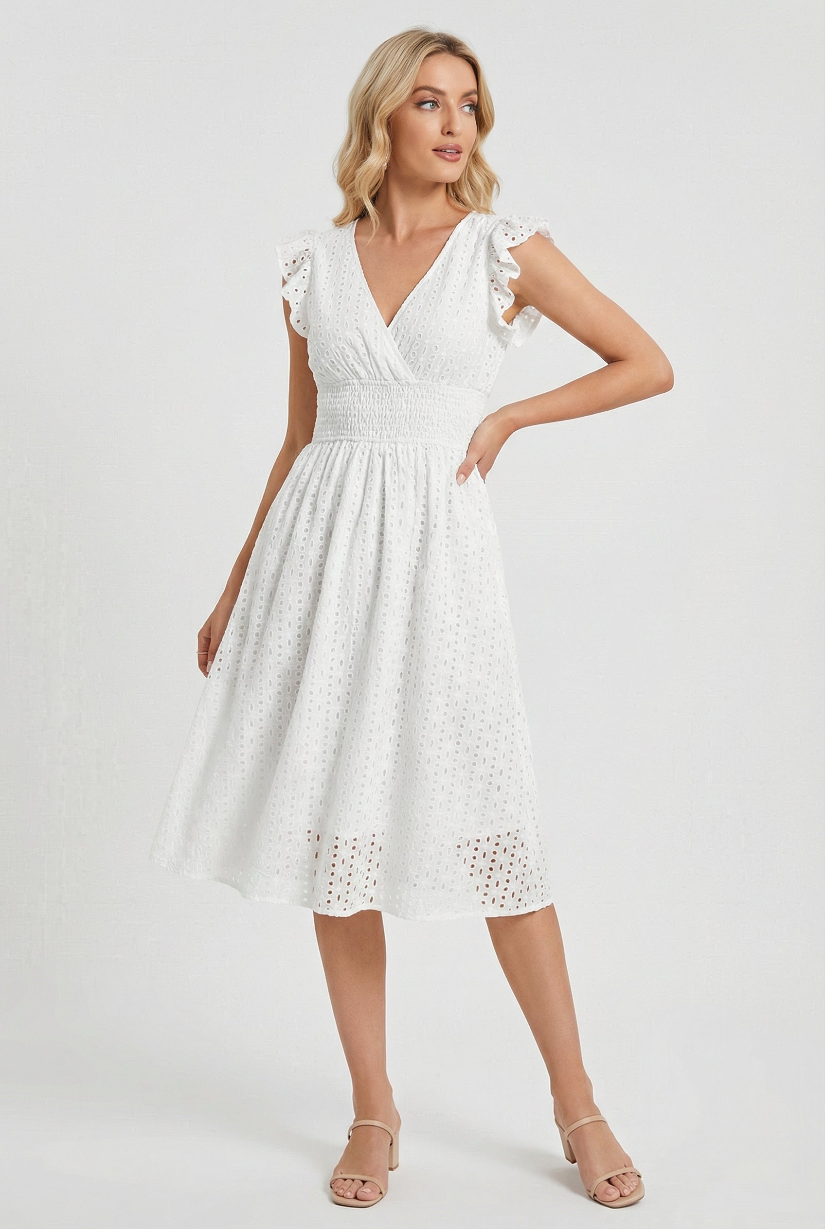 Vestido midi para mujer - corte evasé con cintura elástica fruncida | diario