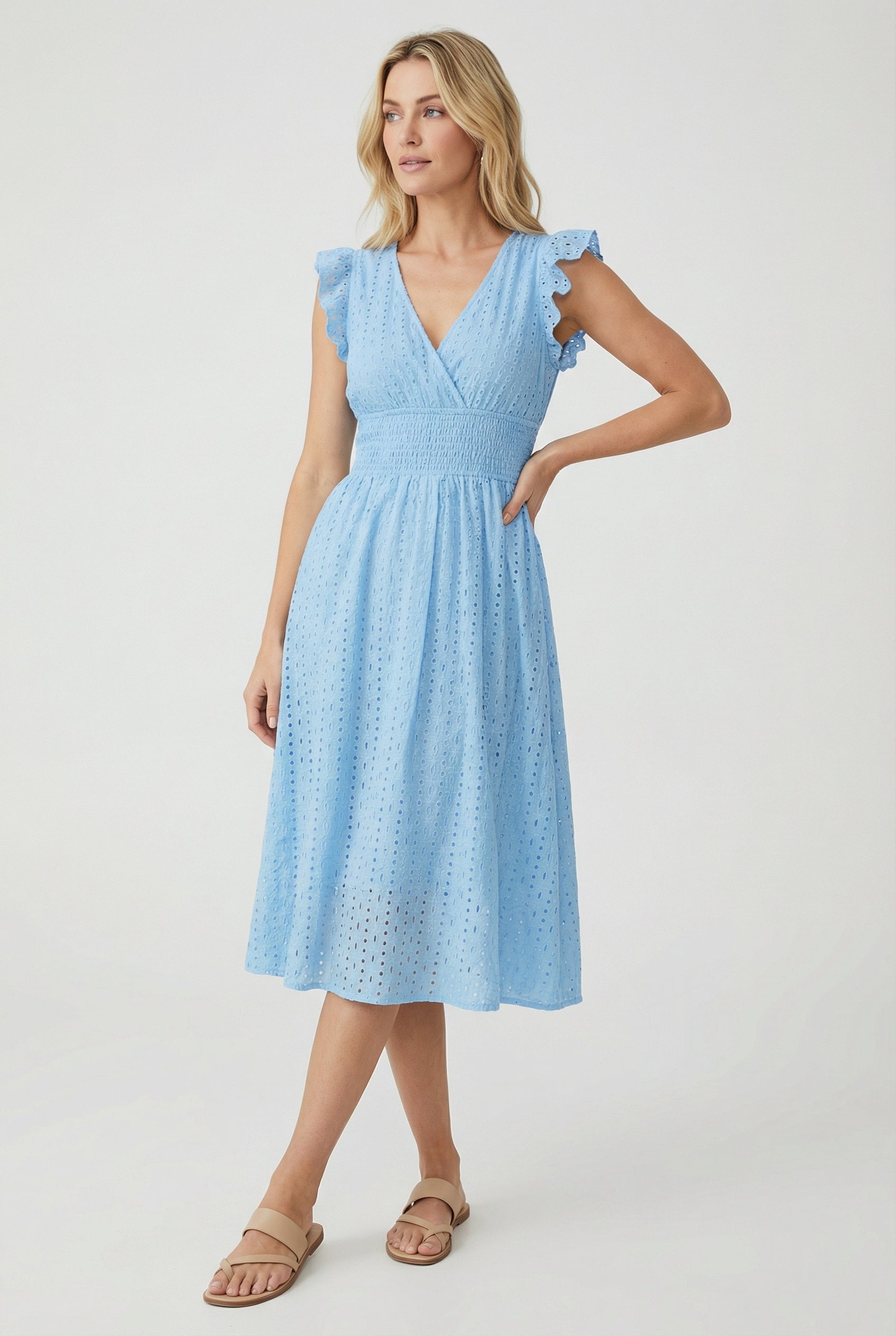 Vestido midi para mujer - corte evasé con cintura elástica fruncida | diario