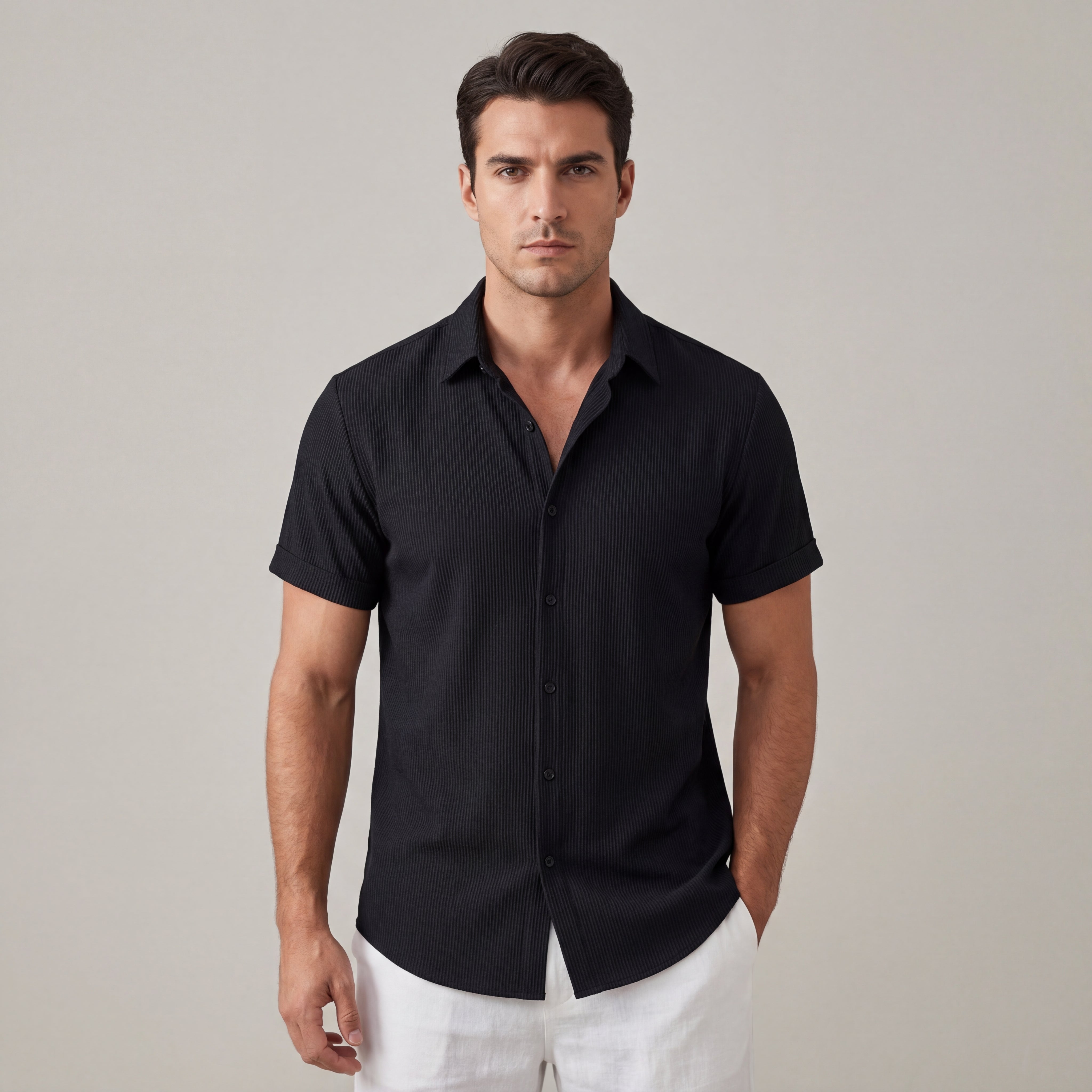 Camisa de Manga Corta para Hombre a Rayas Verticales con Cuello Clásico y Botones