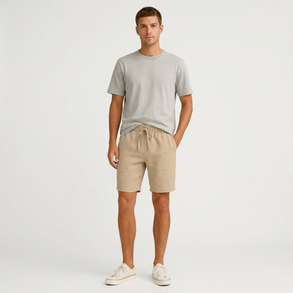 Pantalones Cortos de Lino para Hombre con Cordón Ajustable y Bolsillos Laterales