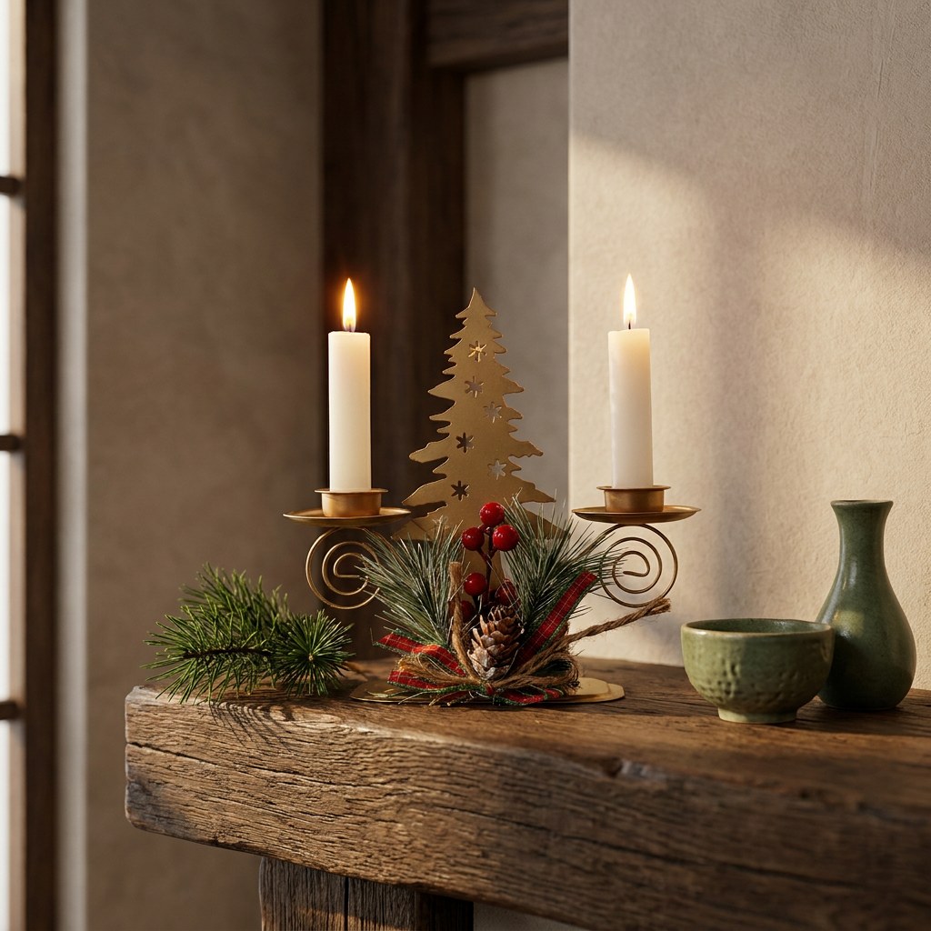Set de 3 Candelabros de Hierro para Velas Cónicas con Adornos de Pino y Bayas