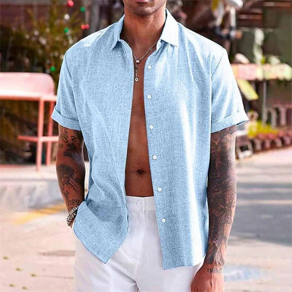 Men's Linen Shirt - Short Sleeve and Open Collar - Beach