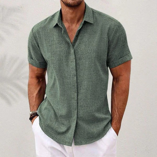 Men's Linen Shirt - Short Sleeve and Open Collar - Beach