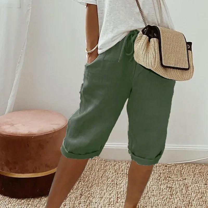 Pantalones Cortos de Lino y Algodón con Cintura Elástica y Bolsillos para Mujer