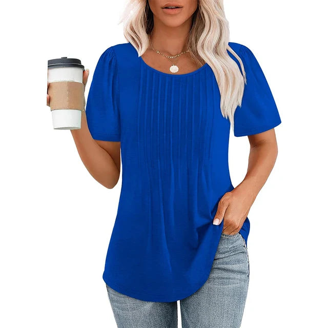 Camiseta de Manga Corta con Pliegues y Cuello Redondo para Mujer