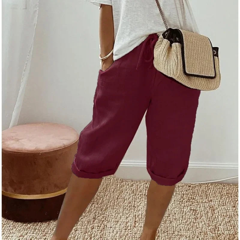 Pantalones Cortos de Lino y Algodón con Cintura Elástica y Bolsillos para Mujer