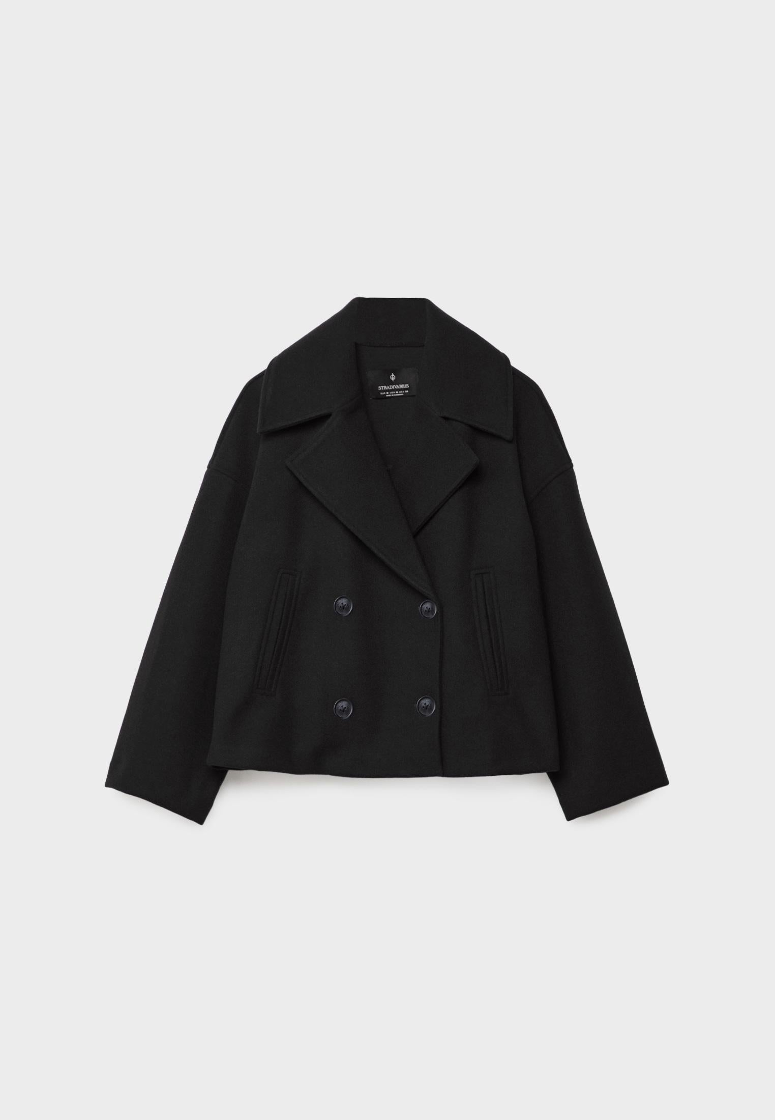 Chaqueta corta de lana para mujer cruzada con cuello de solapa y doble botonadura