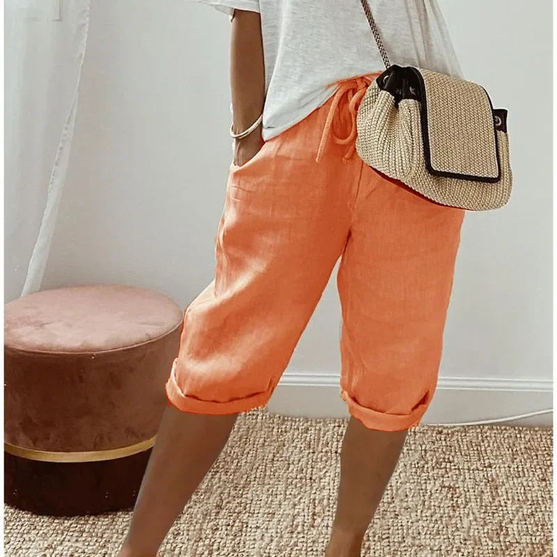 Pantalones Cortos de Lino y Algodón con Cintura Elástica y Bolsillos para Mujer