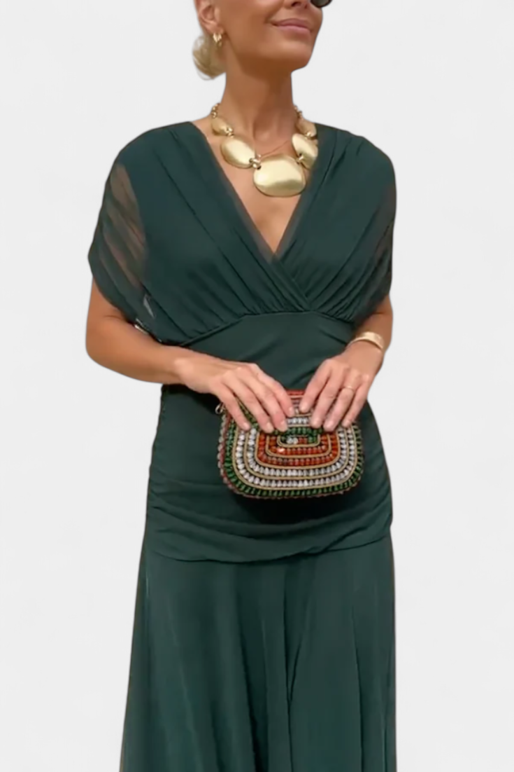 Vestido largo mujer — escote en V y cuerpo fruncido — boda
