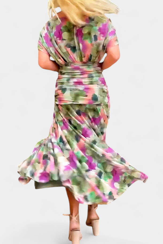 Vestido largo mujer — escote en V y cuerpo fruncido — boda