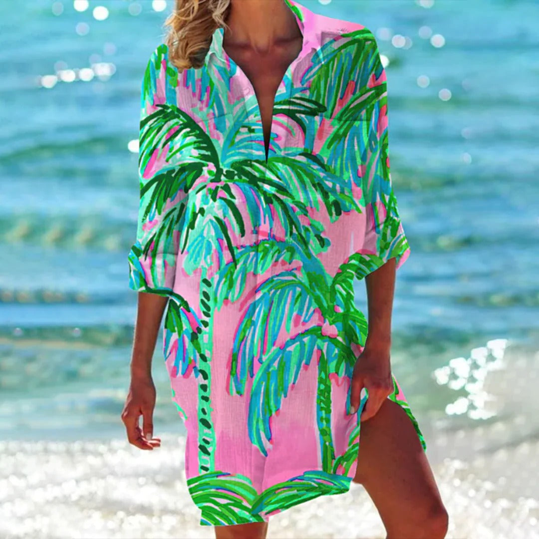 Vestido de Playa para Mujer Womens Beach Cover Ups Estampado con Botones y Manga Larga