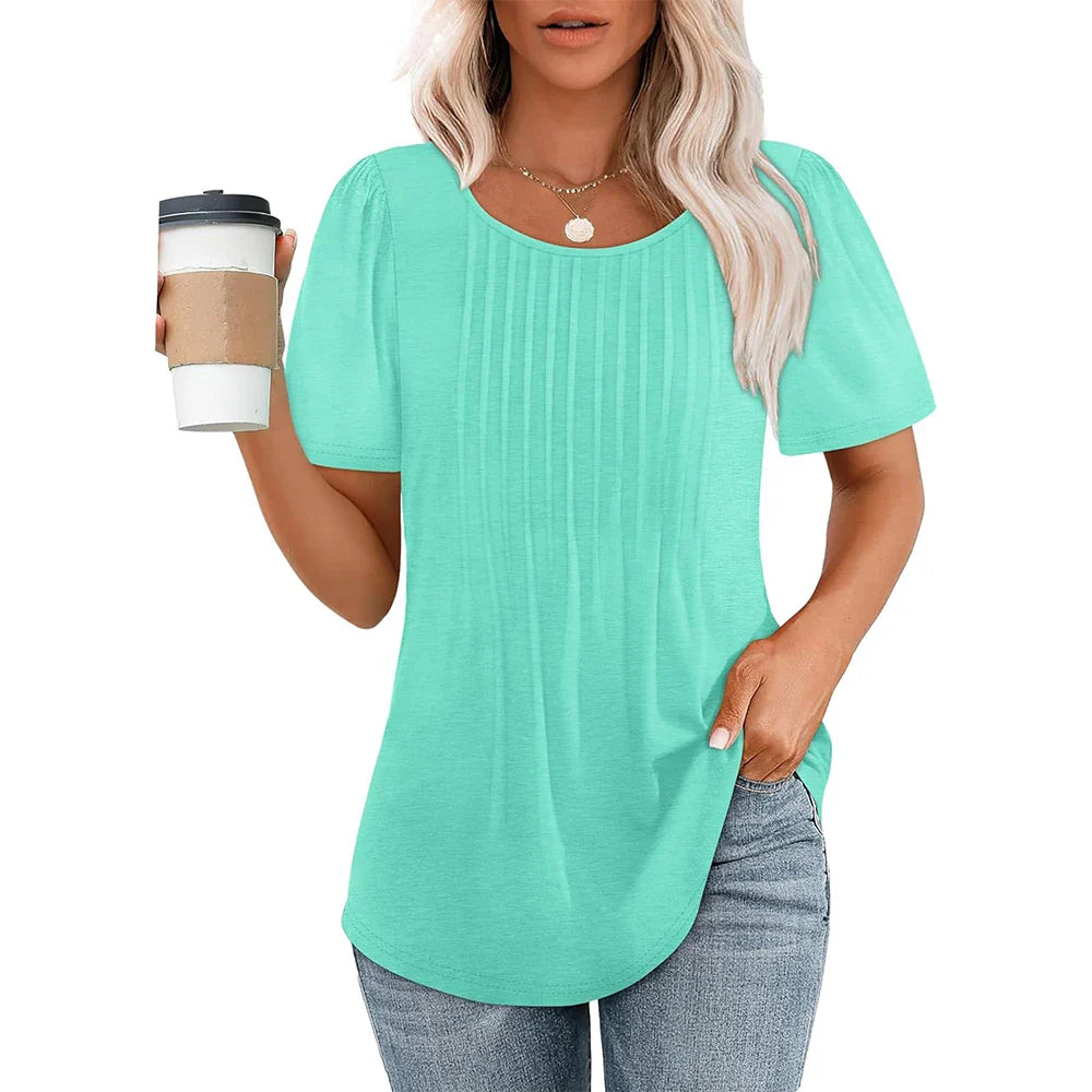 Camiseta de Manga Corta con Pliegues y Cuello Redondo para Mujer