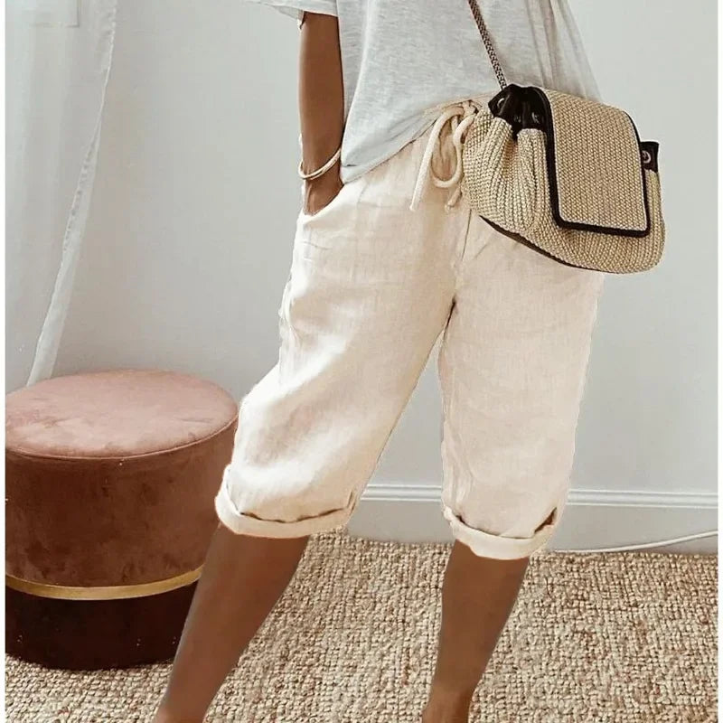 Pantalones Cortos de Lino y Algodón con Cintura Elástica y Bolsillos para Mujer